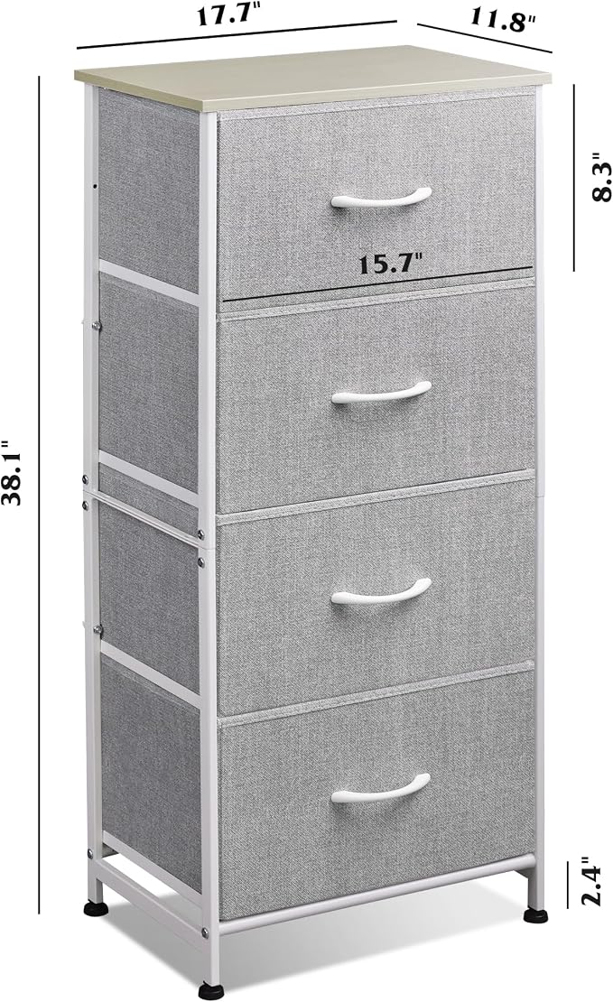 WLIVE Small Dresser Nightstand for Bedroom, 4 Drawers, Light Grey | 4 vertical fabric drawers, Space-saving tower, Bedroom or closet use, Chest of drawers, Dresser for small spaces