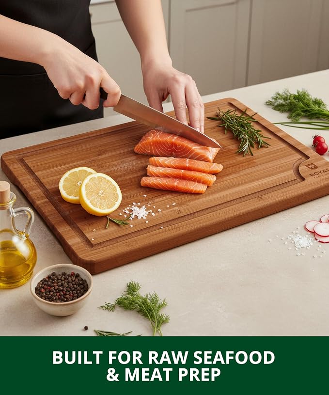 ROYAL CRAFT WOOD Wooden Cutting Boards for Kitchen Appliances - Non Toxic Bamboo Wood Cutting Board Set with Deep Juice Groove, Side Handles, Charcuterie & Butcher Block for Meat, Meal Prep & Serving