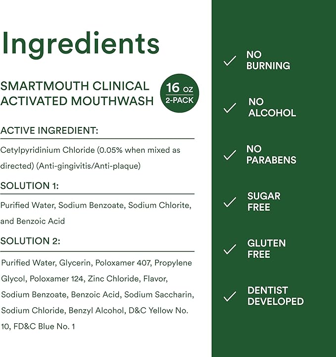 SmartMouth Clinical Zinc Activated Mouthwash - Anti-Plaque & Anti-Gingivitis for Healthy Gum Support - All-Day Fresh Breath - Alcohol-Free, Sugar-Free, & Gluten-Free - Clean Mint - 16 fl oz (2 Pack)