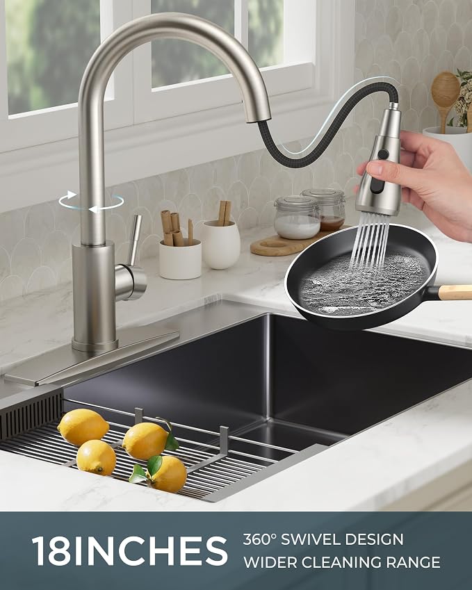 FORIOUS Kitchen Faucets with Pull Down Sprayer, Brushed Nickel High Arc Single Handle Stainless Steel Bar Sink Faucet with Deck Plate for 1 or 3 Hole, Suitable for Farmhouse RV Camper Laundry