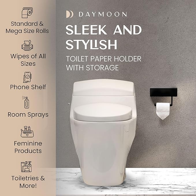 Day Moon™ - Toilet Paper Holder with Shelf - Modern Roll Holder for Bathroom - 1 Pack - Wall Mount - with Storage, Black