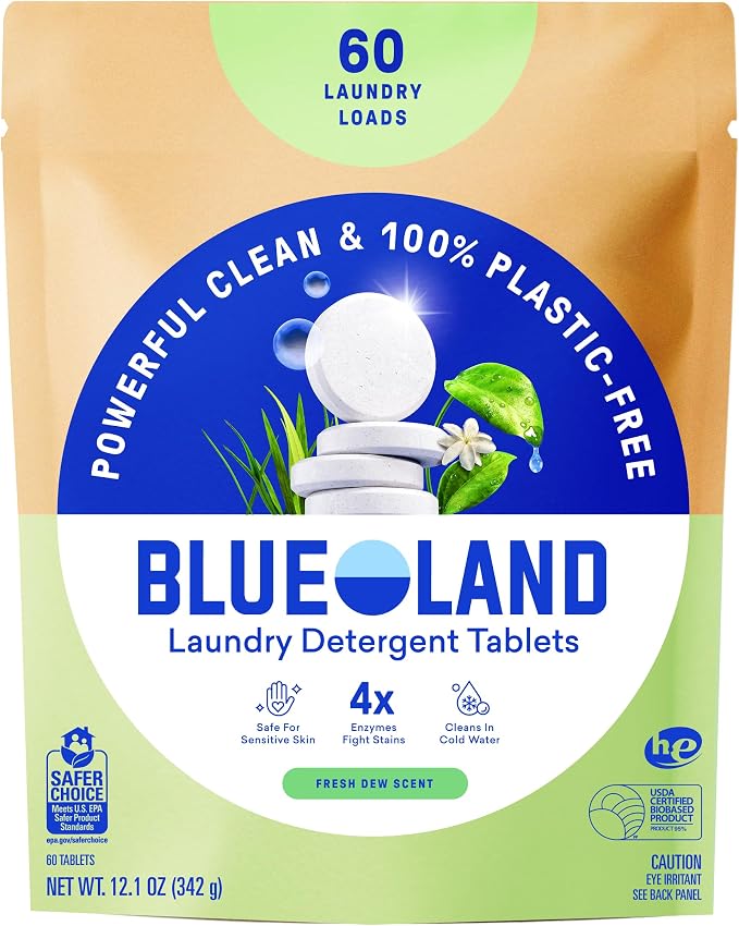 BLUELAND Laundry Detergent Tablets, 60 Count, Plastic-Free Eco-Friendly Pods, Sheets, Liquid Alternative - Fresh Dew Scent, Safe for Sensitive Skin, No Harsh Chemicals, Lifts Tough Stains and Odors