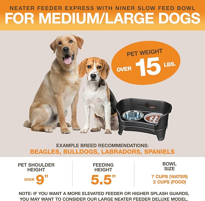 Neater Feeder Express Mess Proof Dog Bowls Elevated for Medium and Large Breed – Made in USA – No Spill Raised Slow Feeder Elevated Dog Bowl Stand, Slow Feed Food and Water Bowl Set, Black