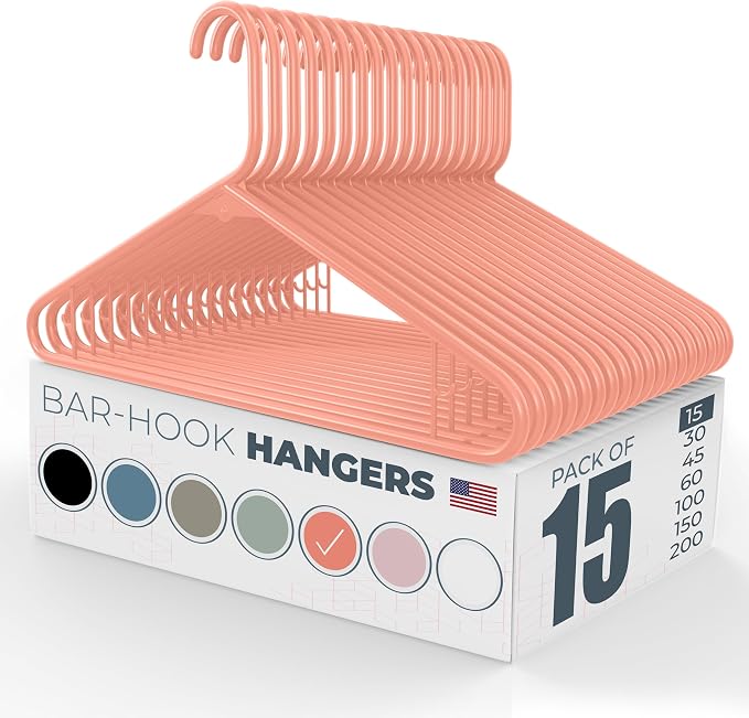 Plastic Hangers 15 Pack – Made in the USA – 6lb Capacity Standard Clothes Hangers with Strap Hooks for Dresses, Lingerie, Shirts, Pants, and Jackets – Peach