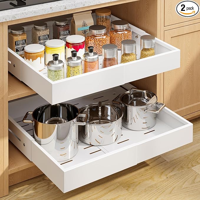 Kitsure Pull Out Cabinet Organizer - 2 Pack(12.6"-21" D x 12"-20.4" W) Expandable Sliding Cabinet Shelves, Smooth Glide Drawer Organizer, Kitchen & Pantry Storage, Framed & Frameless Cabinets