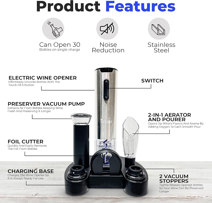 Electric Wine Opener Set with 6-in-1 Accessories, Automatic Corkscrew, Foil Cutter, Pourer, Vacuum Pump, 2 Stoppers, Charging Stand