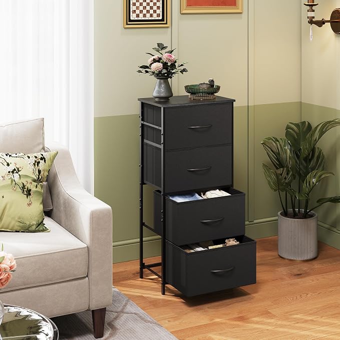 WLIVE Small Dresser Nightstand for Bedroom, 4 Drawers, Charcoal Black | 4 vertical fabric drawers, Space-saving tower, Bedroom or closet use, Chest of drawers, Dresser for small spaces