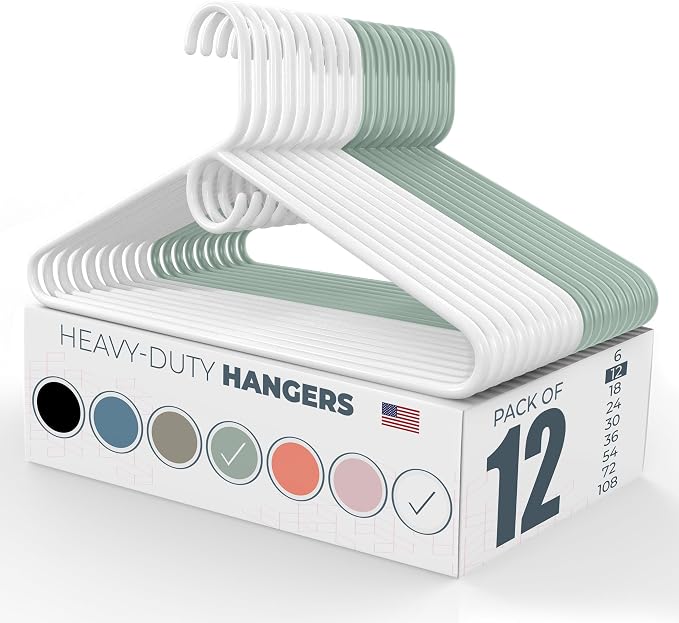Heavy Duty Clothes Hangers 12 Pack – Made in the USA – 8lb Capacity Plastic Hangers for Adult Clothing – Durable for Pants, Coats, Jackets, or Jeans – White & Mint