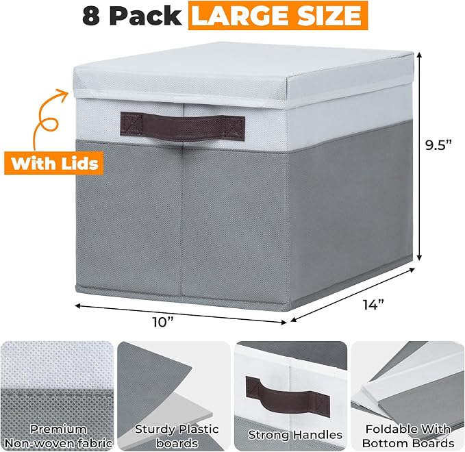 8 Pack Closet Storage Bins with Lids - Stackable Storage Baskets for Organizing Clothes Toys Blankets - Odorless for Baby Nursery Organization and Storage Boxes Totes for Bedroom Dorm Room