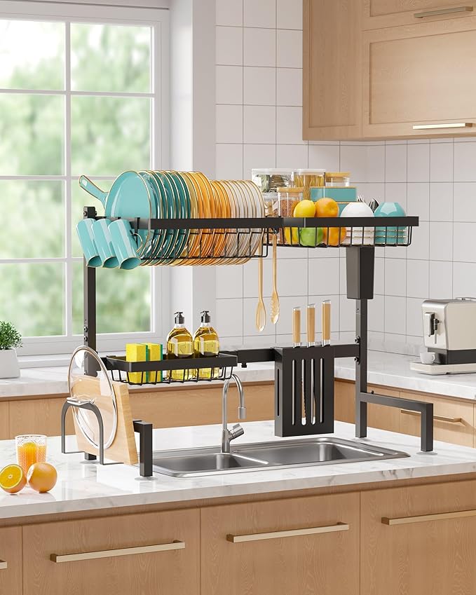 Sakugi Over The Sink Dish Drying Rack - Adjustable 2 Tier Large Capacity Stainless Steel Drainer with Cutlery & Utensil Holders, Kitchen Storage & Organization, 30"-33.9" L x 11" W x 21.5" H, Black