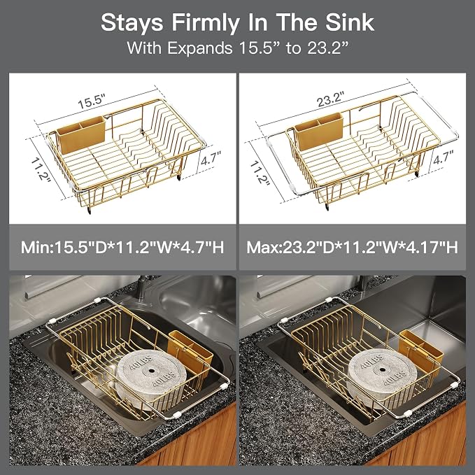 Gold Dish Drying Rack Over The Sink with Utensil Holder | Expandable Stainless Steel Dish Drainer for Small Kitchen, Apartment, RV, Counter Space Saving, Perfect Fit, Rustproof