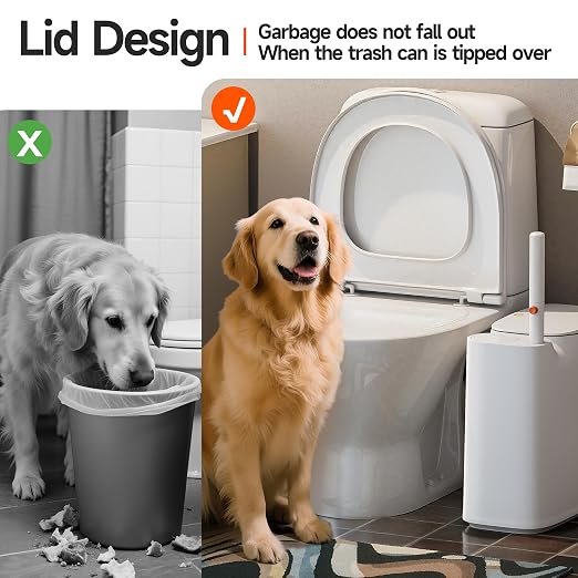 CTIME Bathroom Trash Can Set - Narrow White Plastic Small Trash can, a Toilet Wand, Toilet Brush Holder and 36 Refills, 2 Gallon Trash can with pop-up lid, Suitable for bathrooms and Small Toilets.