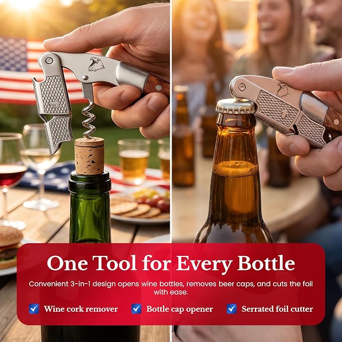 Patriotic Wine Bottle Opener Set: Professional Waiters Corkscrew Wine Opener & Wine Bottle Stopper - Double-Hinged Stainless Steel & Rosewood. 2-Piece Wine Accessories Gift Set