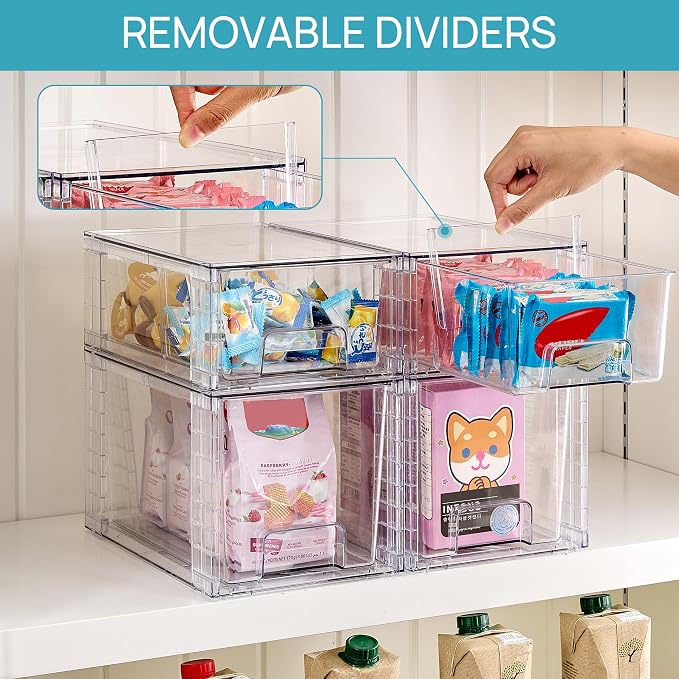 Vtopmart 6 Pack Clear Stackable Storage Drawers,Easy to Assemble Bathroom Organizers and Storage with handles,Plastic Drawers for Kitchen Pantry,Cabinet,Under Sink Organization