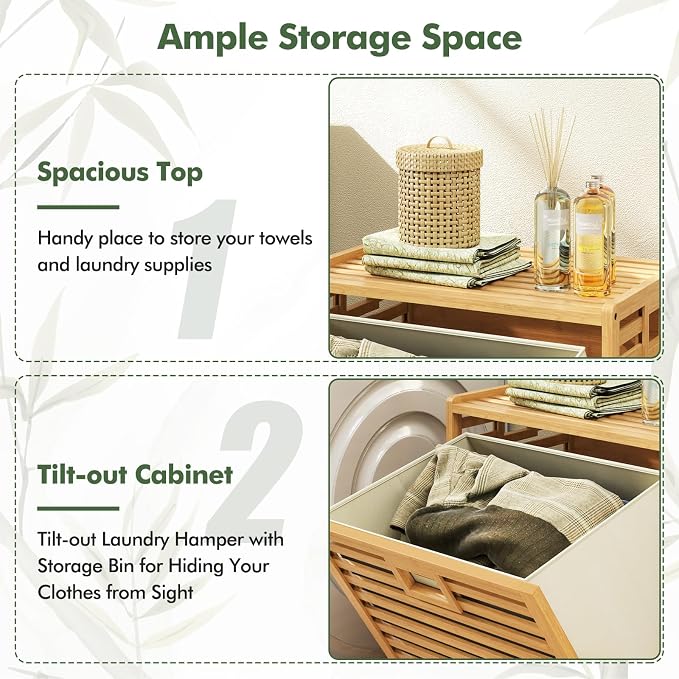 Giantex Bamboo Tilt Out Laundry Hamper with Removable & Foldable Fabric Bin | Laundry Storage Cabinet, Laundry Basket Organizer for Bathroom, Laundry Room, Living Room, Bedroom, Natural
