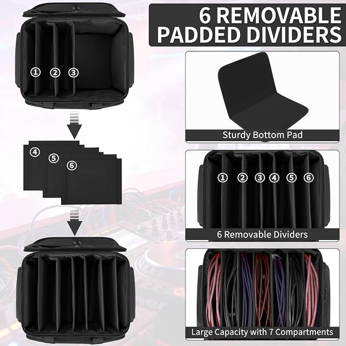 IBVIVIC DJ Cable File Bag with 6 Detachable Dividers High Capacity Gig Cable Bag for Cords,DJ Gear,Sound Instrument and Accessories, Black
