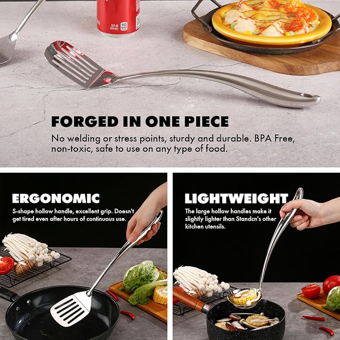 18/10 Stainless Steel Kitchen Utensils Set with Holder for Countertop | 15″ Spatula Spoon Set with Storage Organizer, 12-Pieces, Fork, Tongs, Spatula, Ladle, Skimmer, Turner, Spaghetti, Large Spoon