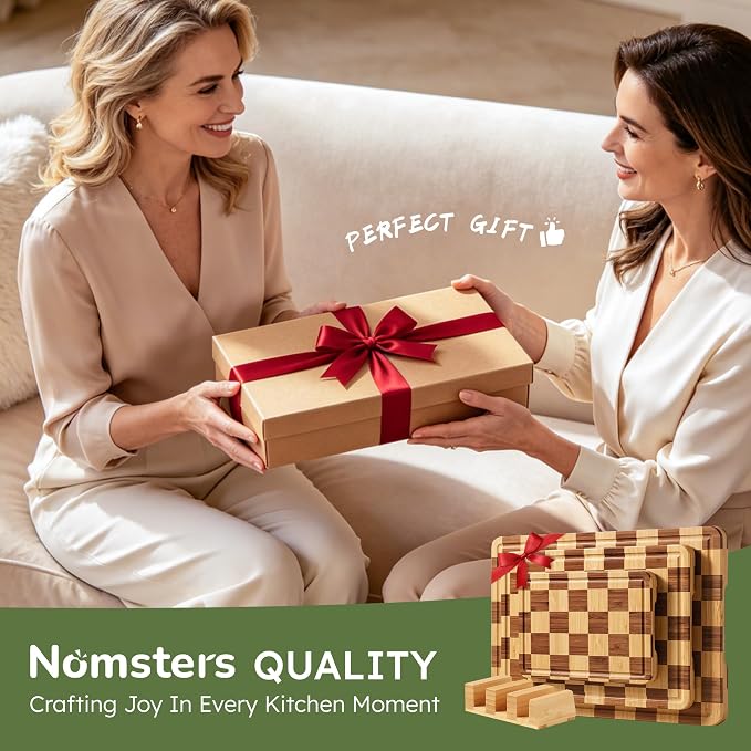 3 Pack Bamboo Cutting Board Set Checkered Wooden Cutting Board for Kitchen Non Toxic Charcuterie Board Serving Non Slip End Grain Wood Chopping Board for Meat Fruit Cheese Kitchen Housewarming Gift