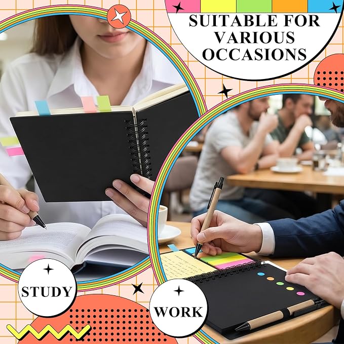 Qilery 80 Pack Lined Spiral Notebook Small Notepad and Pen Set Steno Pads Lined Notepad Black Pocket Notebook for Business Office School Supplies