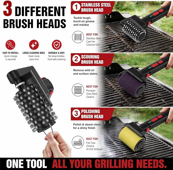 Electric Grill Brush, Cordless BBQ Grill Cleaner Tool With 3-Speed for Burnt Grease, Anti-Shedding Safe Wire, 150+ Min Runtime & Waterproof, Effortless Grill Brush for Backyard Barbecue Outdoor Grills