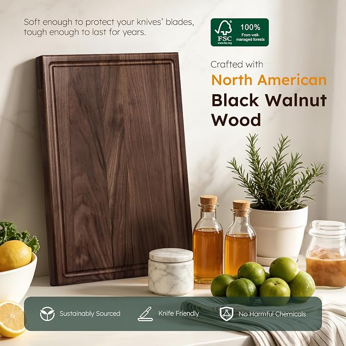 Luxury American Black Walnut Wood Wooden Cutting Boards for Kitchen 17'' | Real Black Walnut, Reversible, Chopping, Non Slip, Solid Hardwood, Charcuterie Board, Butcher Block, From USA, Kitchen Gift