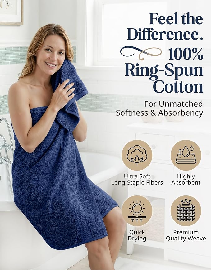 LANE LINEN Bath Towel Set Absorbent Quick Dry 100% Cotton 6 Piece - Navy | Cotton Towels For Bathroom - OEKO-TEX Certified, Ring-Spun Durability, Ring-Spun Cotton, Terry Weave Comfort