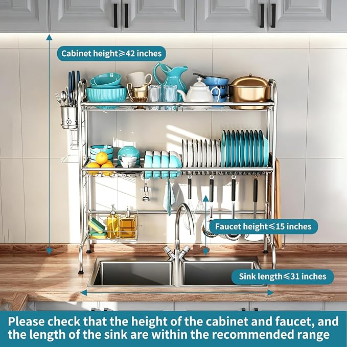 HOWDIA Stainless Steel 2-Tier Over The Sink Dish Drying Rack with Utensil Holder, Large, for Kitchen Counter | Stainless Steel, Cutlery Holder & Chopping Board Rack, for Kitchen Counter