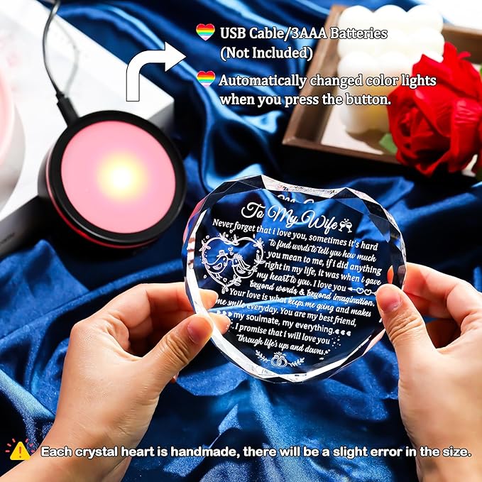 Arikyrist Crystal Heart Gifts for Wife from Husband with Colorful LED Base, Romantic Anniversary Wedding Gift Ideas to My Wife, Glass I Love You Keepsakes for Her