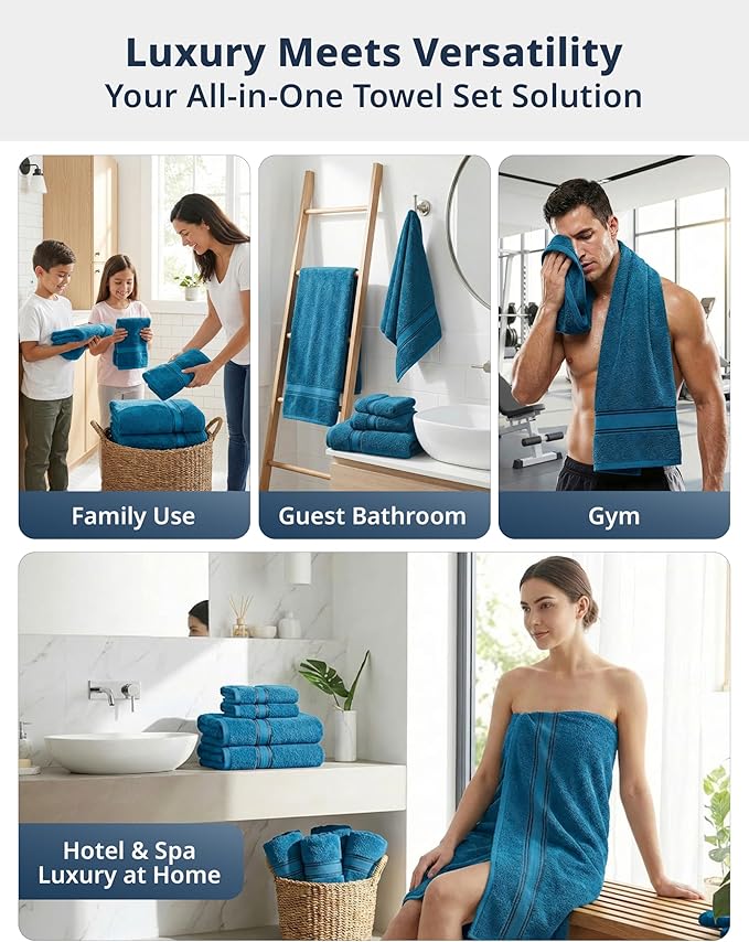LANE LINEN Luxury 6-Piece Bath Towel Set - 100% Cotton, Quick-Dry, Super Absorbent, Zero Twist - Includes 2 Bath Towels, 2 Hand Towels, 2 Washcloths - Sea Port