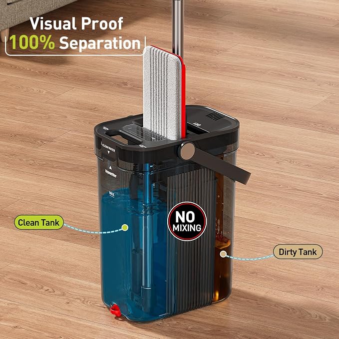 HoMettler Transparent Mop and Bucket Set with Separate Dirty & Clean Water, 65" Flat Mop for Floor Cleaning (Grey)