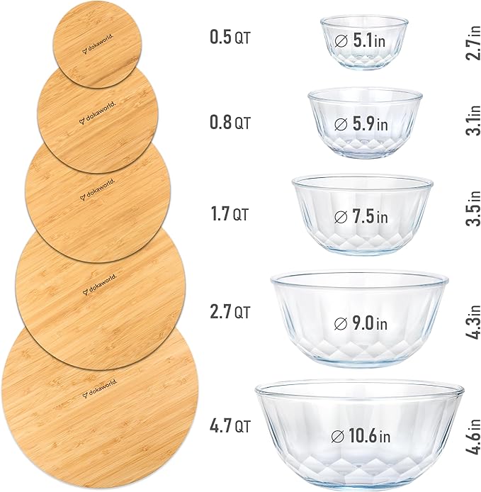 Large Stackable Set of 5 Nesting Glass Bowls with Bamboo Lids for Foodprep, Storage, Baking, Sourdough Mixing & Cooking. Microwave & Oven Safe Heat Resistant Inert Borosilicate Glass
