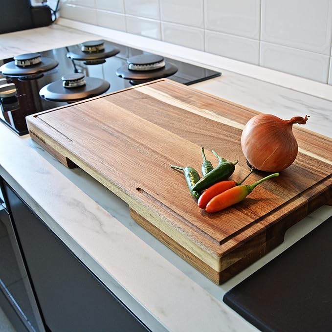 Acacia Wood Cutting Board for Kitchen, Thick Non Toxic Butcher Block | Hard Wood Edge Grain With Juice Groove 20" x 12.2" (Thick 1.7") Professional Heavy Duty Wooden Chopping Board (Oil Included)