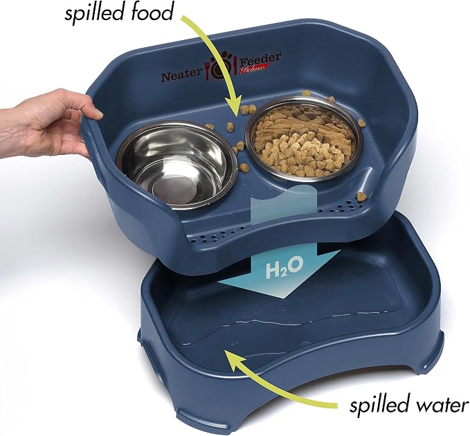 Neater Pet Brands Neater Feeder Deluxe Mess Proof Dog Bowls Elevated for Small Dogs Under 19 lbs, Made in USA, No Spill Raised Dog Food Bowl Stand Feeding Station, Food and Water Bowl Set, Dark Blue