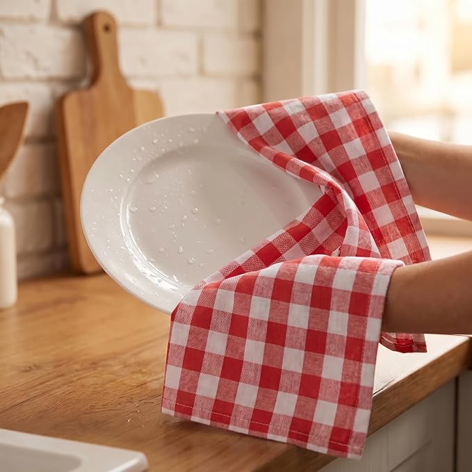 Urban Villa Kitchen Towels 100% Cotton Dish Towels for Kitchen (Set of 6) 20”x30” Dish Cloths Highly Absorbent Kitchen Linen Set with Hanging Loop Perfect for Drying Dishes Cleaning – Red White