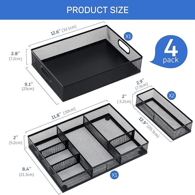 Neudeco Desk Drawer Organizer, 4 Pack Metal Mesh Drawer Organizer Set with Adjustable Dividers, Stackable Pen Organizer for Desk Drawer, Office Supplies Organizer, Black