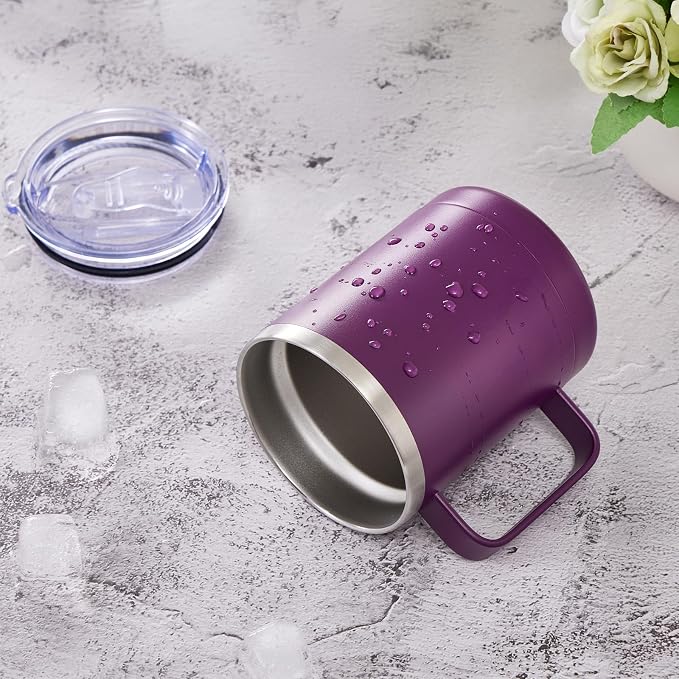 MEWAY 12oz Coffee Mug With Handle and Sliding Lid,Stainless Steel Travel Tumbler Cup with Handle,Double Wall Vacuum Insulated Camping Cup for Hot & Cold Drinks Tea (Plum,Set of 1)