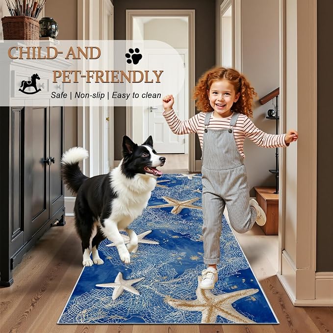 Watercolor Sea Runner Rug 2x10 - Starfish Non Slip Machine Washable Hallway Runner Rug, Seaside Fishing Net Low Pile Runners Rugs for Entryway Kitchen Corridor Dining Living Room
