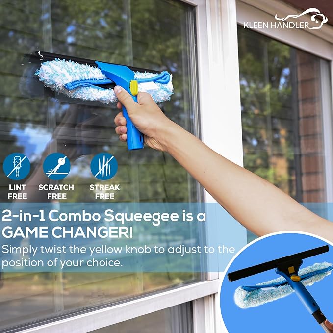 Kleen Handler Professional 2-in-1 Squeegee for Window Cleaning Tool Combo - 14" Squeegee & Microfiber Scrubber Sleeve, Window Glass Cleaning Kit for Commercial & Residential Use
