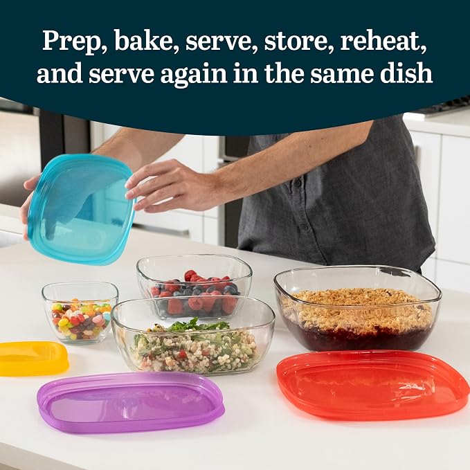 Libbey Serve It Glass Storage Bowls Set of 8 Stackable 2, 6, 8, 12.5 Cup Food Storage Containers with Sung Fit Lids, Glass Bowls Set for Snacks, Leftover or Meal Prep