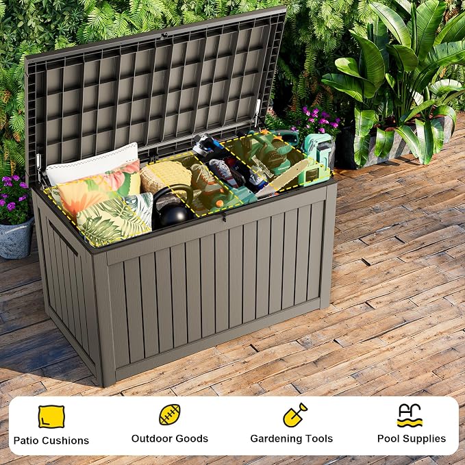 DRATO 280 Gallon Deck Boxes Outdoor Waterproof, Lockable Outdoor Storage Box for Patio Furniture Pool Supplies Garden Tools, Weatherproof Resin Storage Box for Backyard (Grey, 280 Gallon)