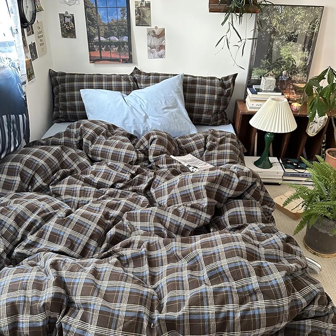 mixinni Vintage Brown & Blue Buffalo Plaid Duvet Cover Set Twin XL Size - 3 Piece Washed Cotton Bedding Set with Grid Pattern, Soft & Breathable Duvet Cover with Pillowcases for Boys, Men& Women