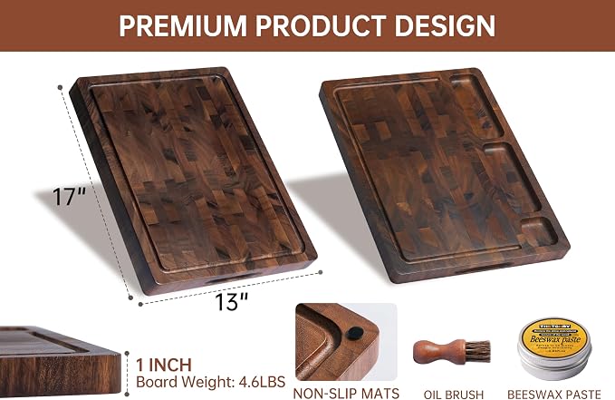 Walnut Cutting Boards for Kitchen Solid Wood End Grain 17"×13"×1" | Large Chopping Board Double Sided with Handle, Hardwood Charcuterie Butcher Block for Meal Prep & Serving with Gift Box