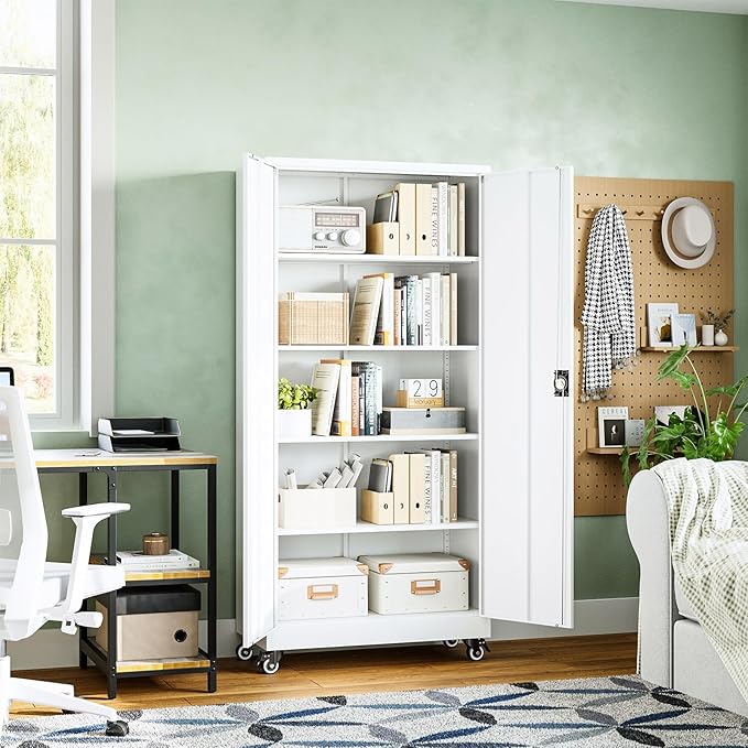 Metal Garage Storage Cabinets with Lock Door and Adjustable Shelves, Steel Tool Cabinets for Home,Office,Warehouse Organisieren (White, 75" H)