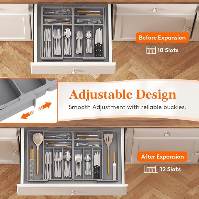 Lifewit Silverware Drawer Organizer, Expandable BPA Free Plastic Utensil Tray for Kitchen, Adjustable Flatware Cutlery Holder for Spoons Forks Knives, 18- 28 x 16.7", Gray