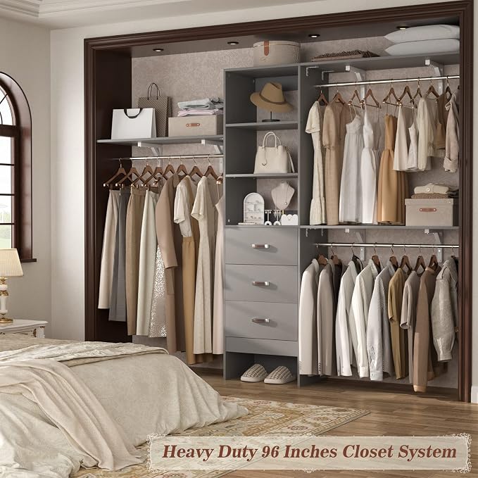 Armocity 96" Wood Closet System with 3 Enclosed Drawers & 3 Solid Shelves, 8FT Adjustable Closet Organizers and Storage, Heavy Duty Modular Wardrobe for Reach-In & Walk-In, 1000 LBS Load, Grey
