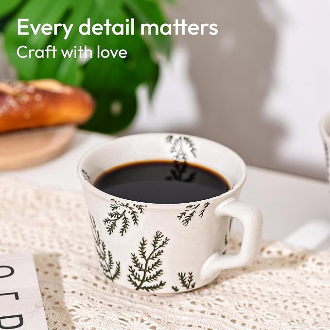 11 oz Ceramic Coffee Mug, Stoneware Teacup with Handle | Small Novelty Unique Cup for Tea Mocha Latte Cappuccino, Microwave Dishwasher Safe (Set of 2, Ivy and Leaf)
