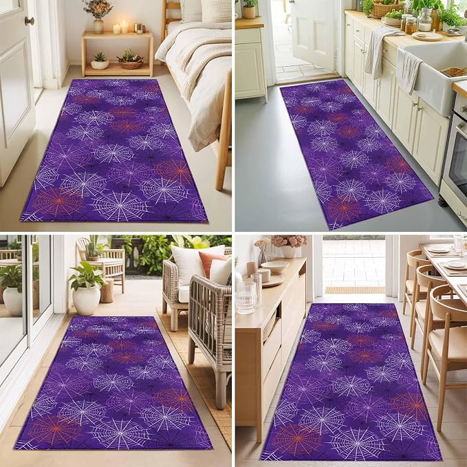 Hallway Runner Rug 2'x6', Purple Halloween Washable Bathroom Area Rugs for Kitchen Bedroom Laundry, Red Black White Net Halloween Non Slip Door Mat Indoor Entrance Floor Throw Bedsides Carpet