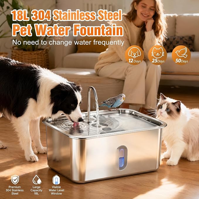 Dog Water Fountion for Large Dogs,18L/4.76 Gal Stainless Steel Automatic Pet Water Dispenser,Ultra Quiet Dog Fountain Water Bowl with Water Level Window & LED Light, Include 1Set Filter