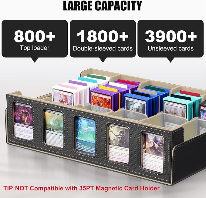 Kabinka Trading Card Storage Box with Commander Display, 5-Row 3900+ MTG Storage Box, Card Deck Box for MTG TCG Sports Card, 5 Top Loaders, 5 Stoppers, 48 Dividers,1 Dice Tray (Black Gold)