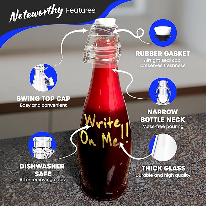 Nevlers 17 Oz Teardrop Swing Top Glass Bottles with Airtight Lid 6 Pack | Bottling Kit | Flip Top Glass Bottle with Stopper, Funnel, Brush, Shrink Wrap, Marker & Tags | Kombucha Bottles with Stoppers
